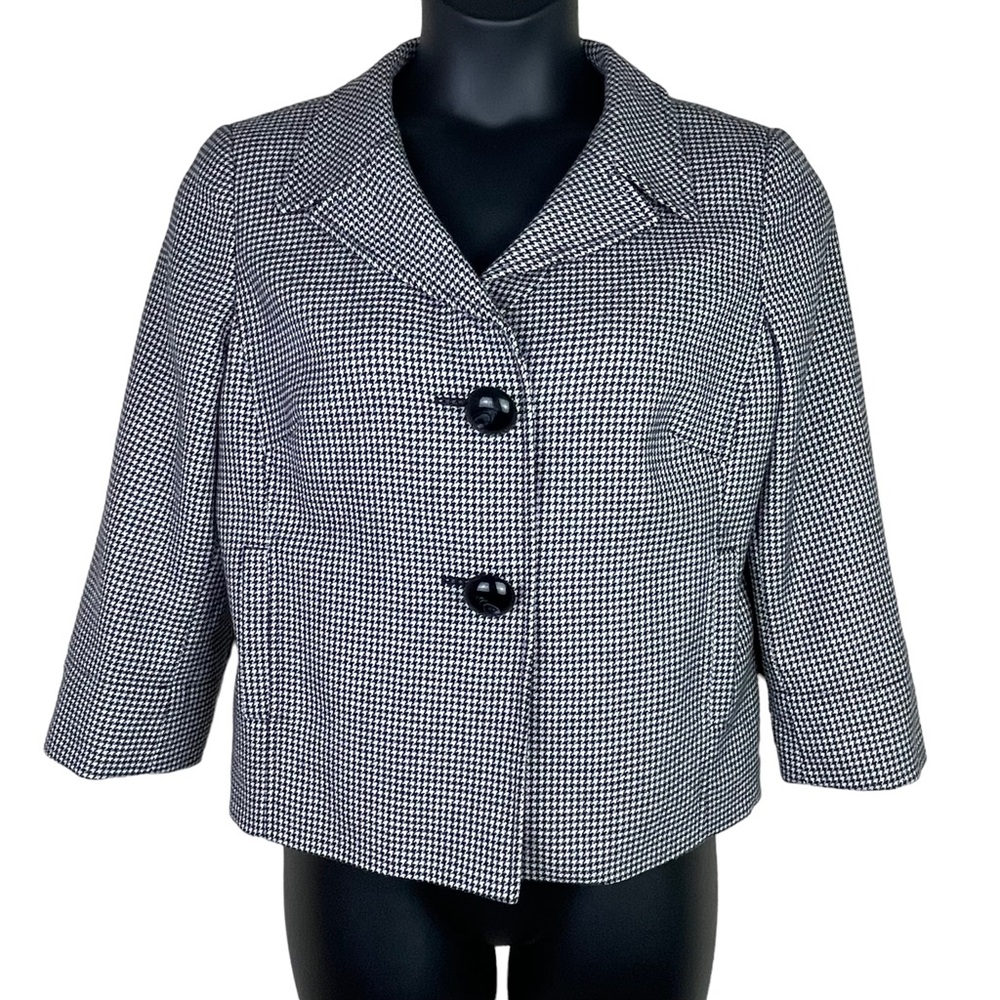 Talbots Vintage Wool Viscose Houndstooth Check Crop Blazer White Black Size 12